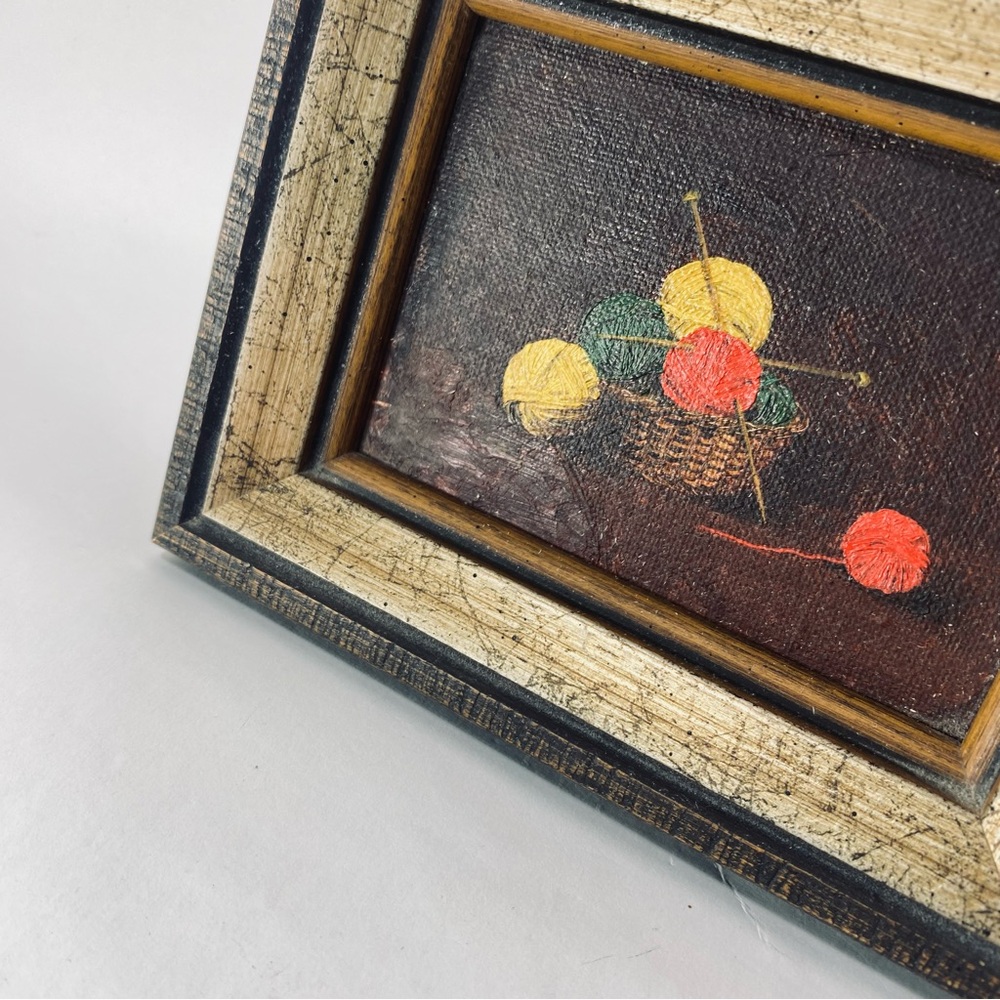 Miniature Vintage Still Life Oil Painting Board Basket Knitting Yarn and Needles - Picture 5 of 13